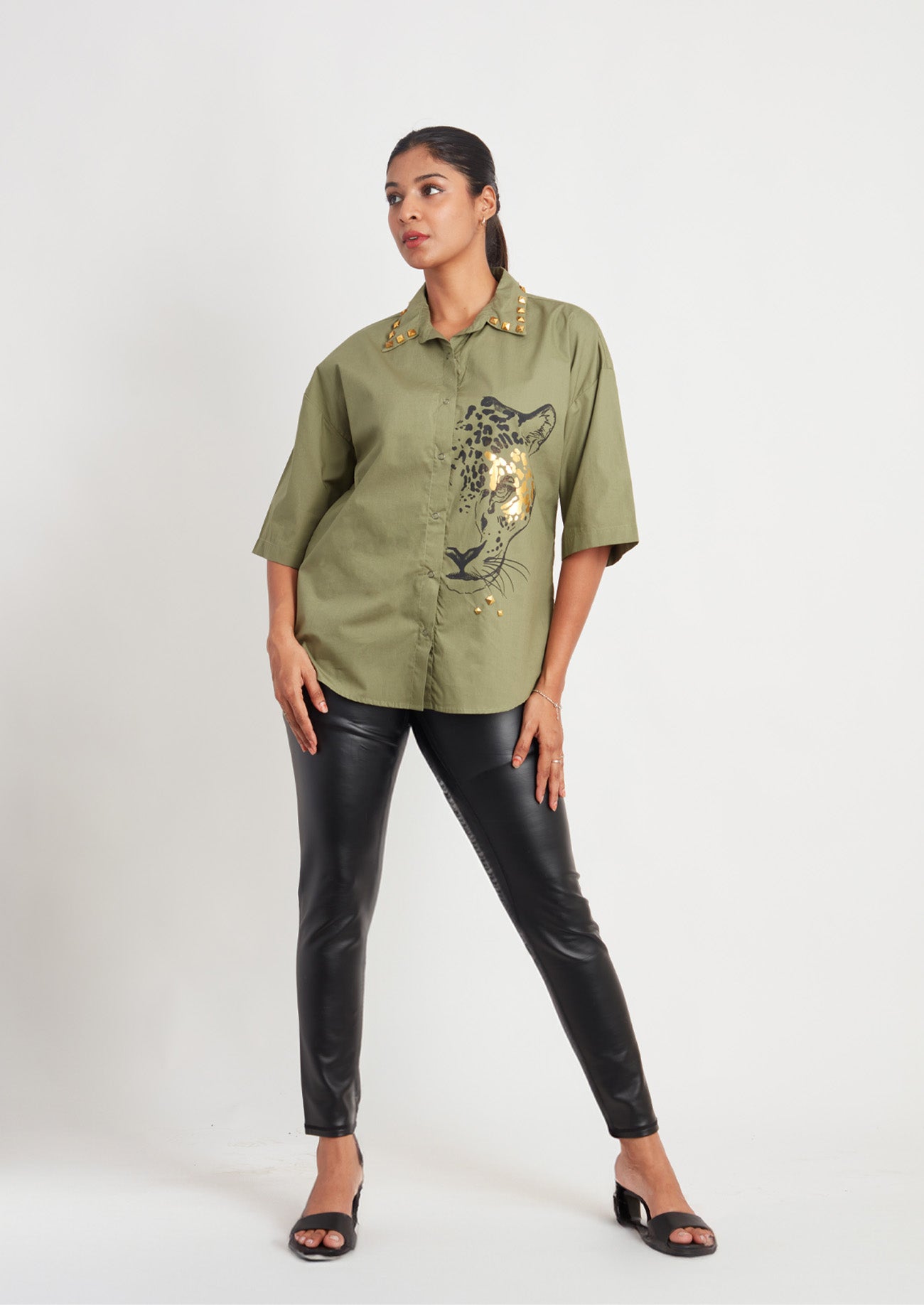 Olive Comfort Fit Cotton Shirt with Foil Print and Studs