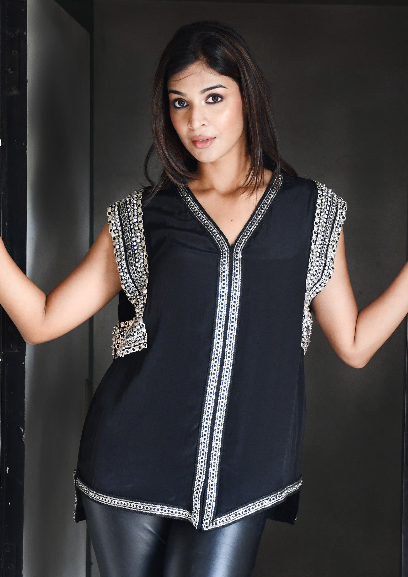 Black Crepe top With Embroidery