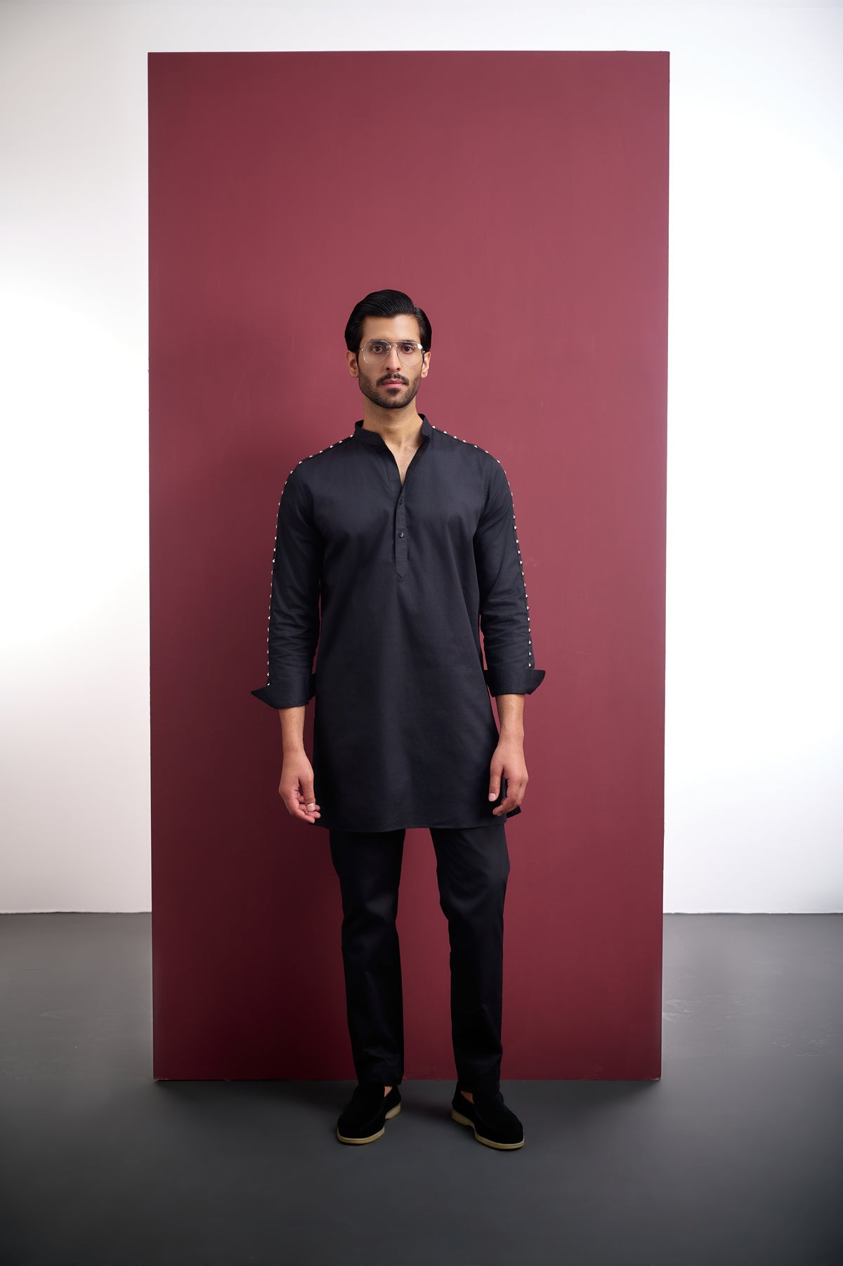 BLACK COTTON KURTA WITH STUD WORK