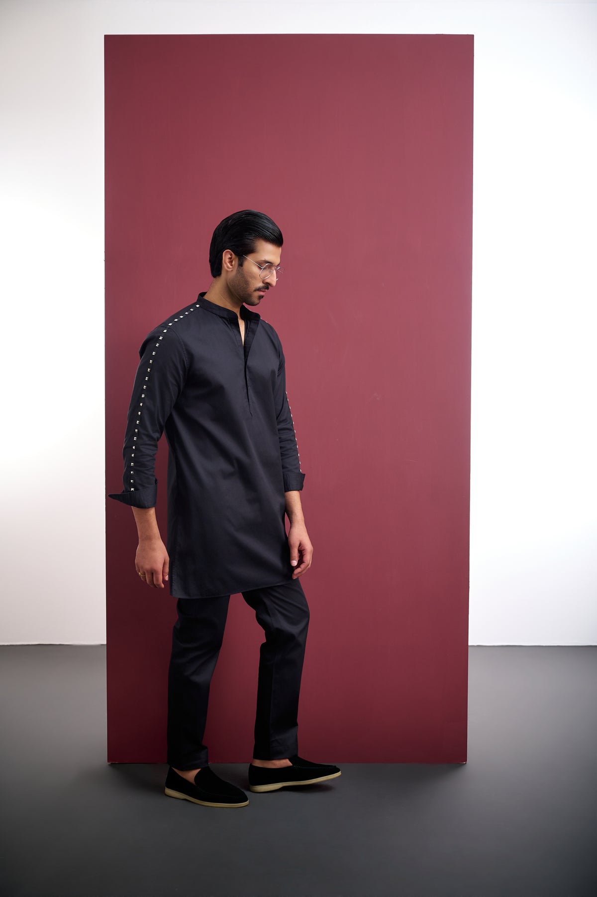 BLACK COTTON KURTA WITH STUD WORK