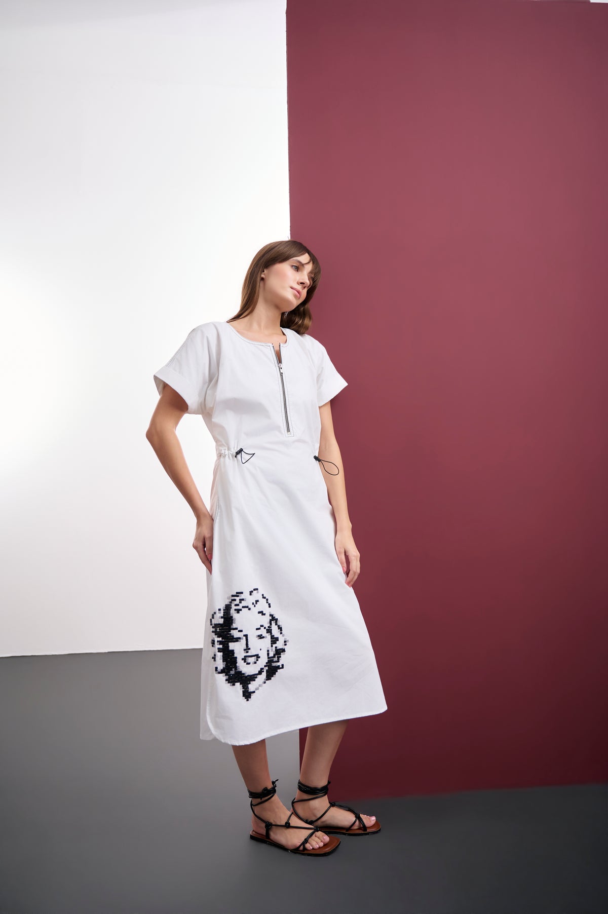WHITE COTTON MIDI DRESS WITH MARILYN MONROE SEQUIN EMBROIDERY