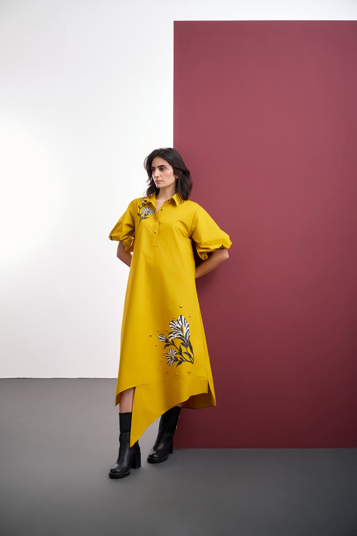 MUSTARD COTTON ASYMMETRICAL DRESS WITH FOIL PRINT