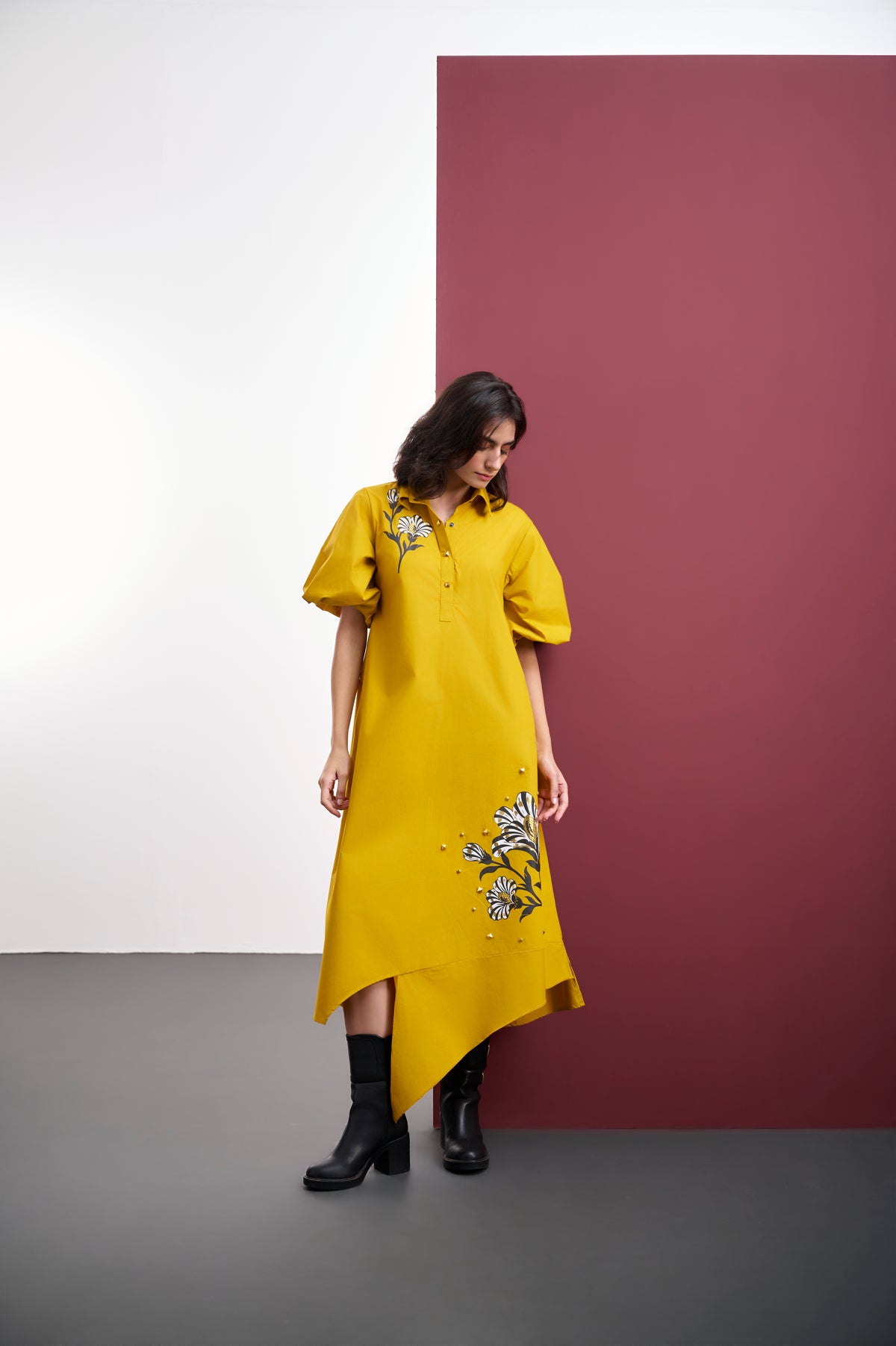 MUSTARD COTTON ASYMMETRICAL DRESS WITH FOIL PRINT