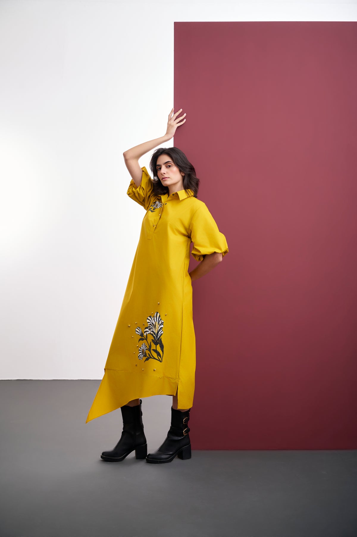 MUSTARD COTTON ASYMMETRICAL DRESS WITH FOIL PRINT
