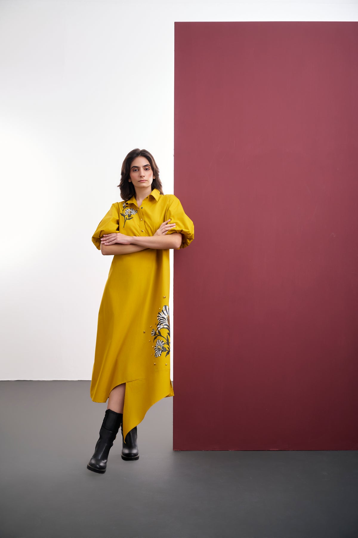 MUSTARD COTTON ASYMMETRICAL DRESS WITH FOIL PRINT
