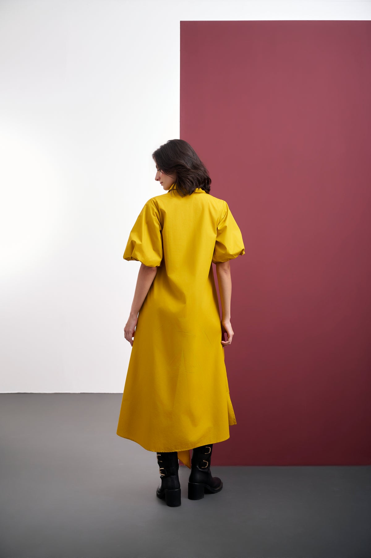 MUSTARD COTTON ASYMMETRICAL DRESS WITH FOIL PRINT