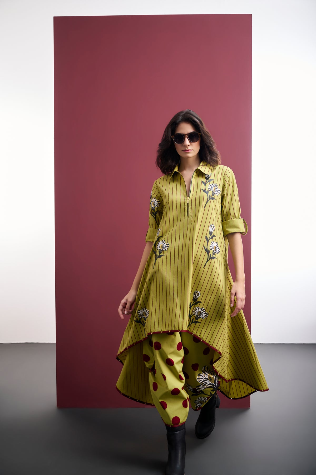STRIPED HIGH-LOW TUNIC & POLKA FLARED PANT CO-ORD SET