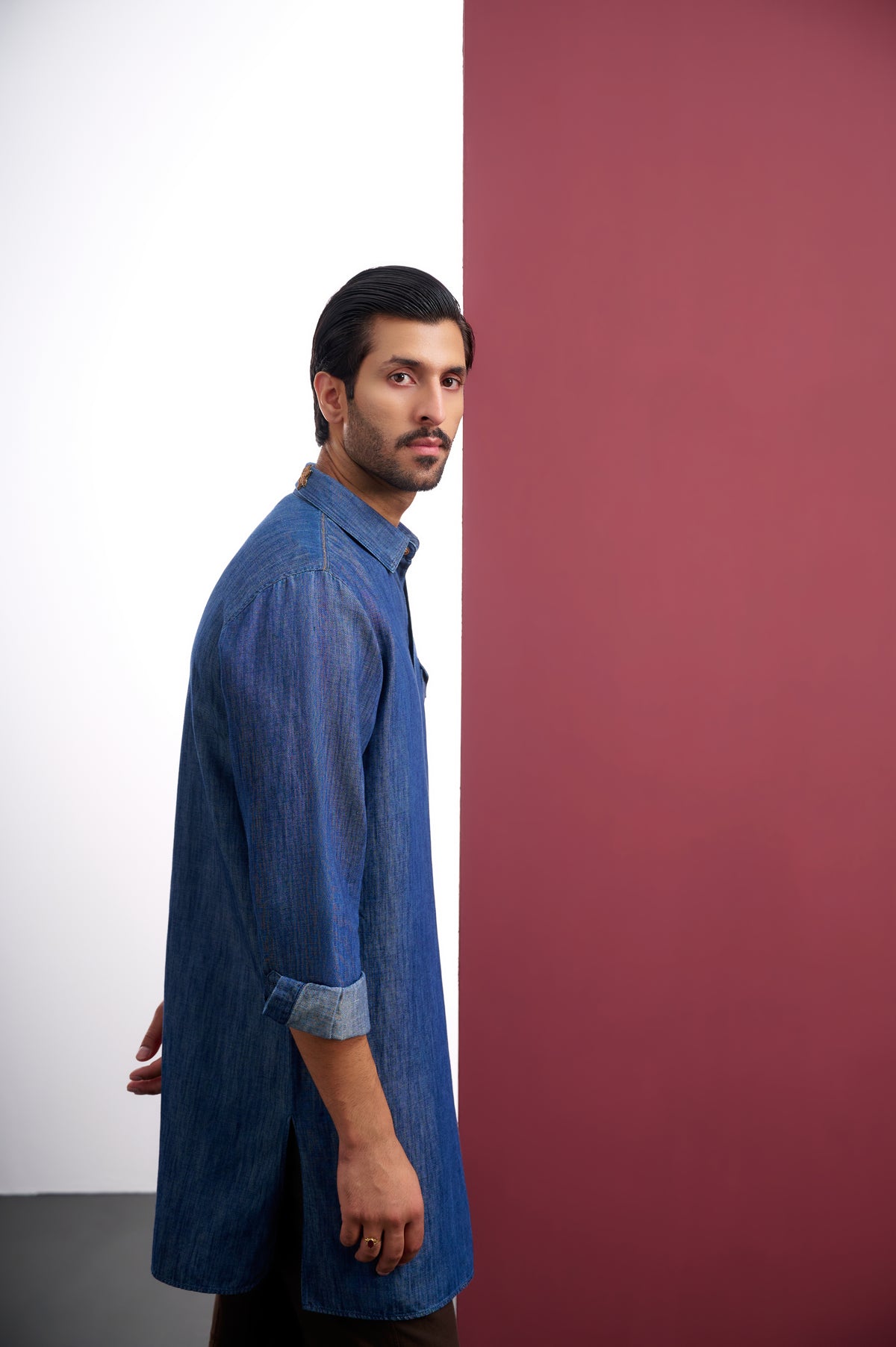 DENIM LINEN KURTA WITH ZARDOSI EMBROIDERY