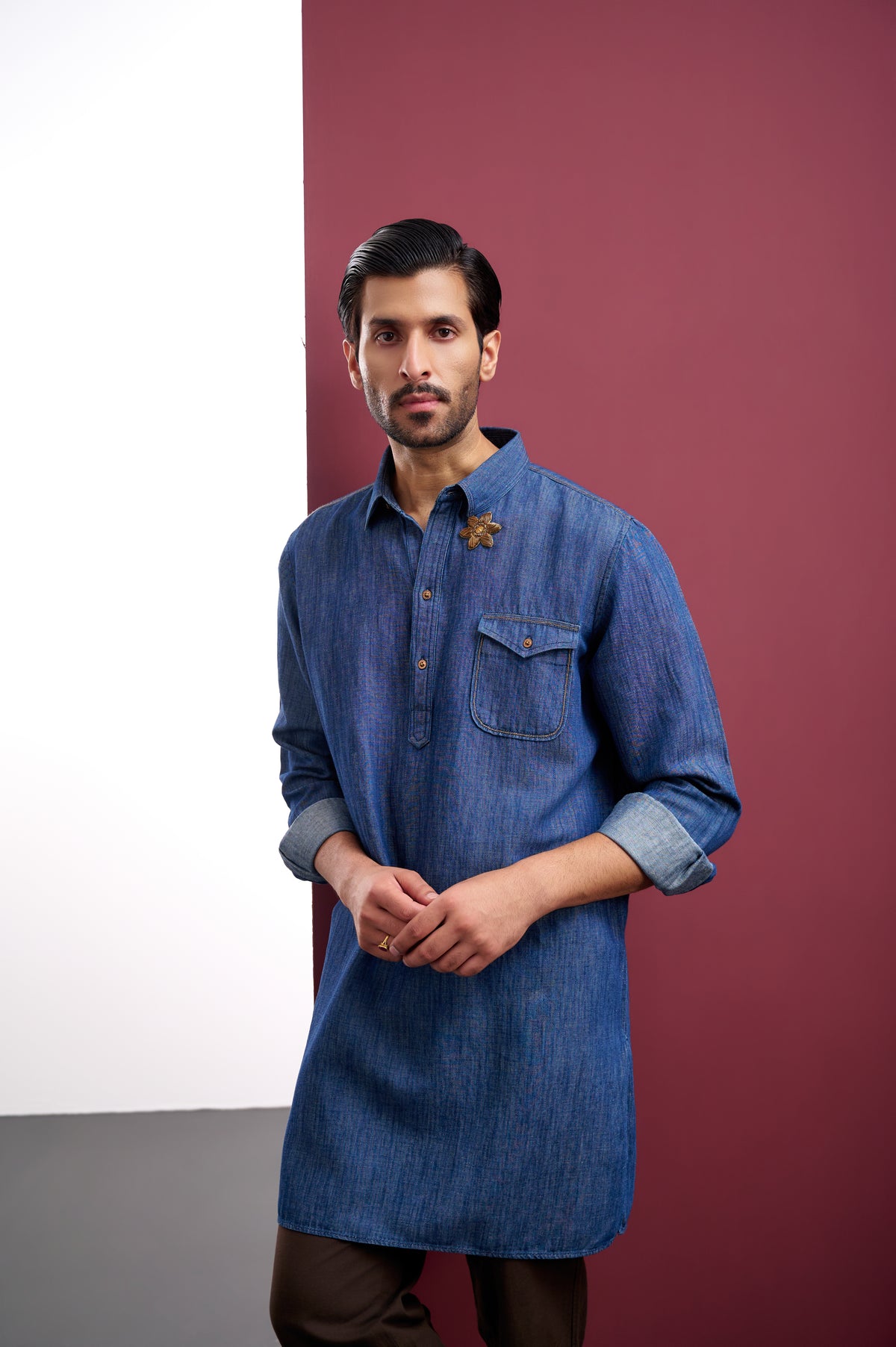 DENIM LINEN KURTA WITH ZARDOSI EMBROIDERY