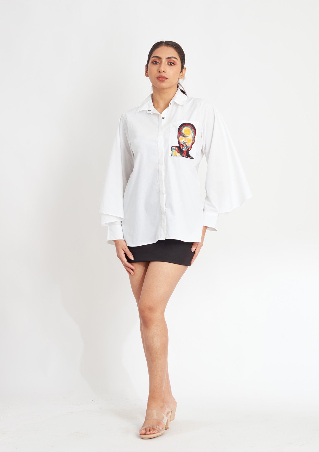 White Comfort Fit Cotton Shirt with Pockets and Cape Sleeves