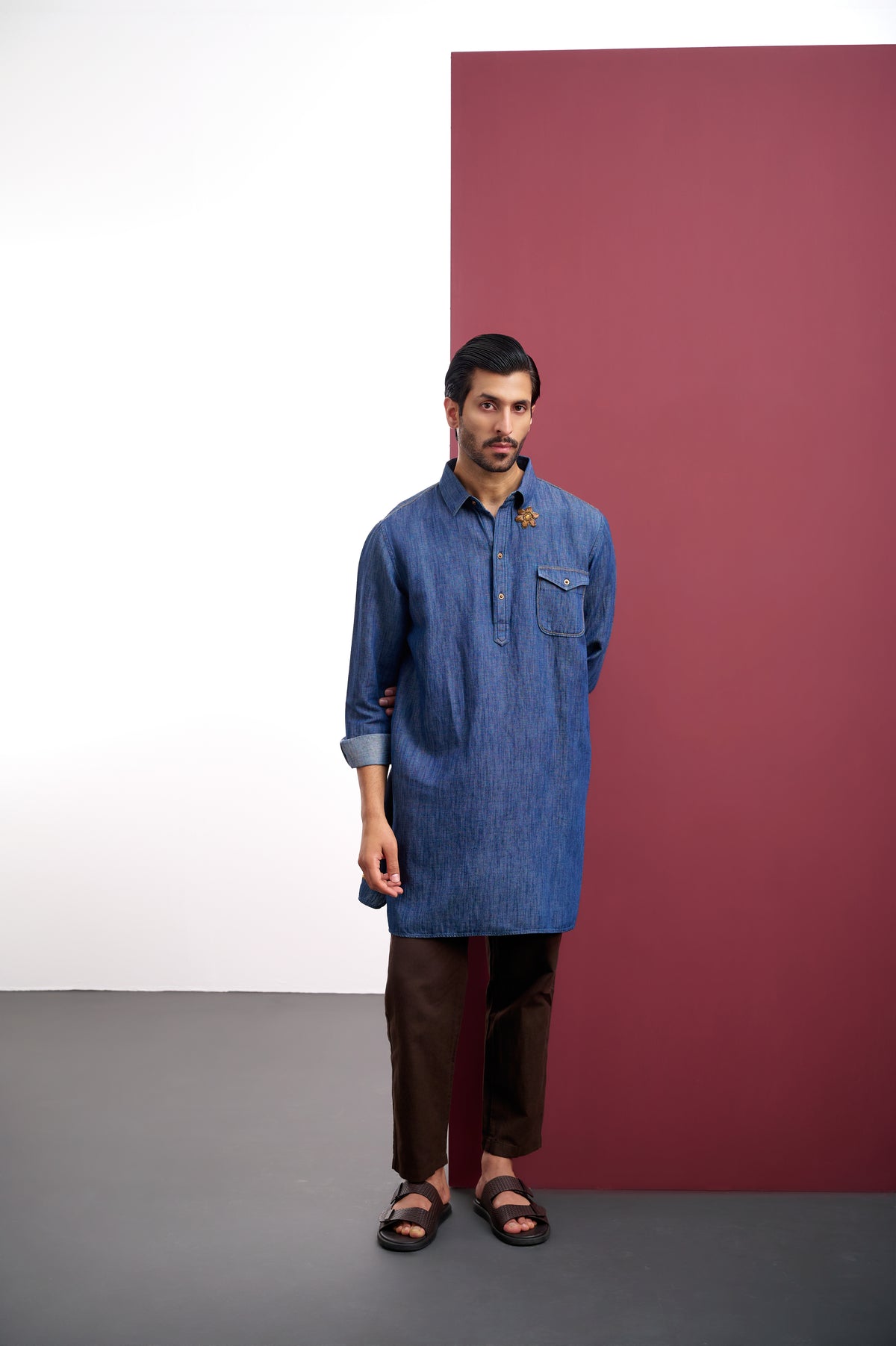 DENIM LINEN KURTA WITH ZARDOSI EMBROIDERY