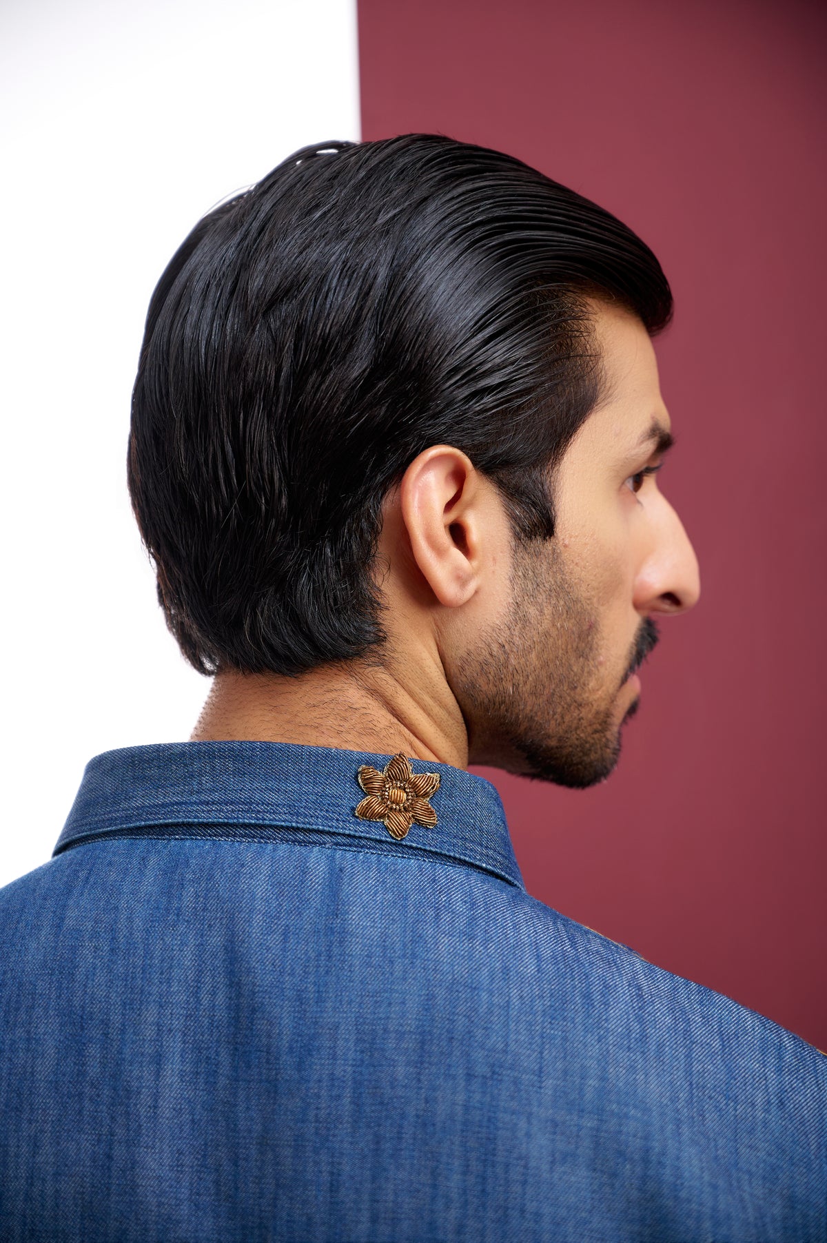 DENIM LINEN KURTA WITH ZARDOSI EMBROIDERY