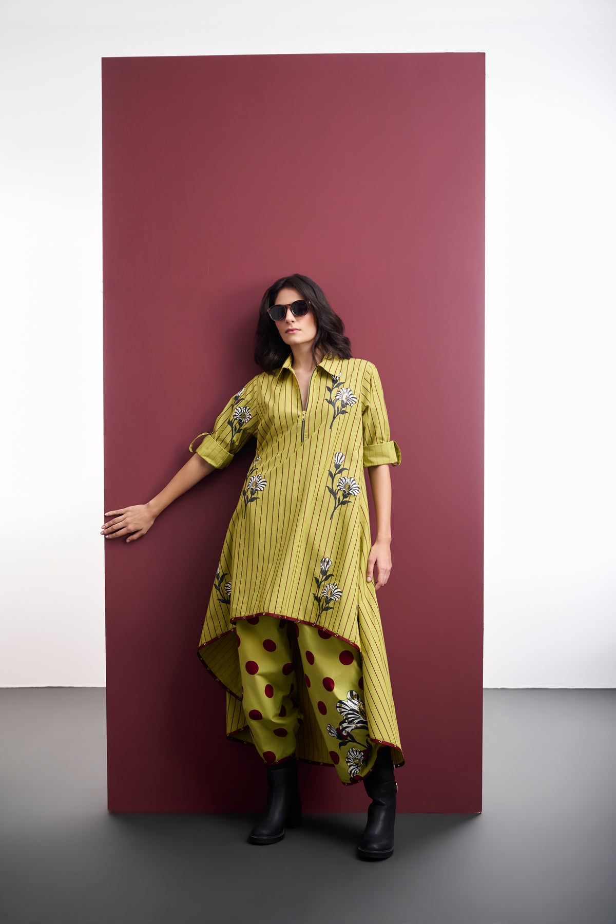 STRIPED HIGH-LOW TUNIC & POLKA FLARED PANT CO-ORD SET