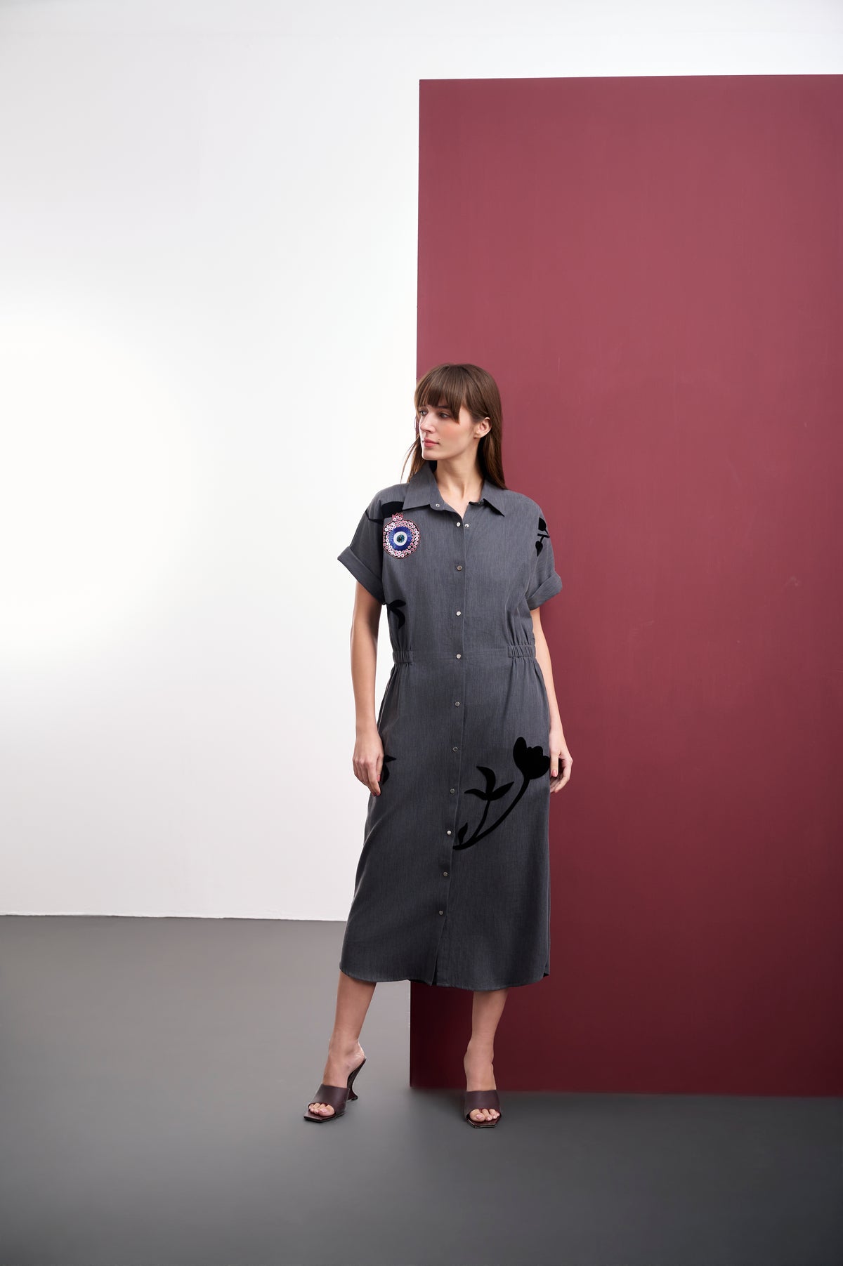 GREY DENIM MIDI DRESS WITH EVIL-EYE POMEGRANATE ARTWORK