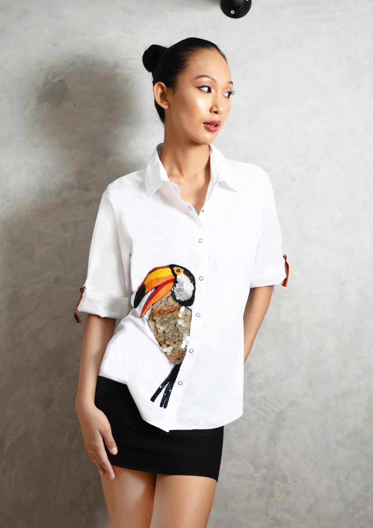 White Shirt with Toucan Embroidery