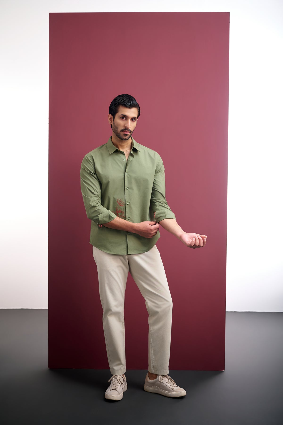 OLIVE COTTON SHIRT WITH HAND EMBROIDERY