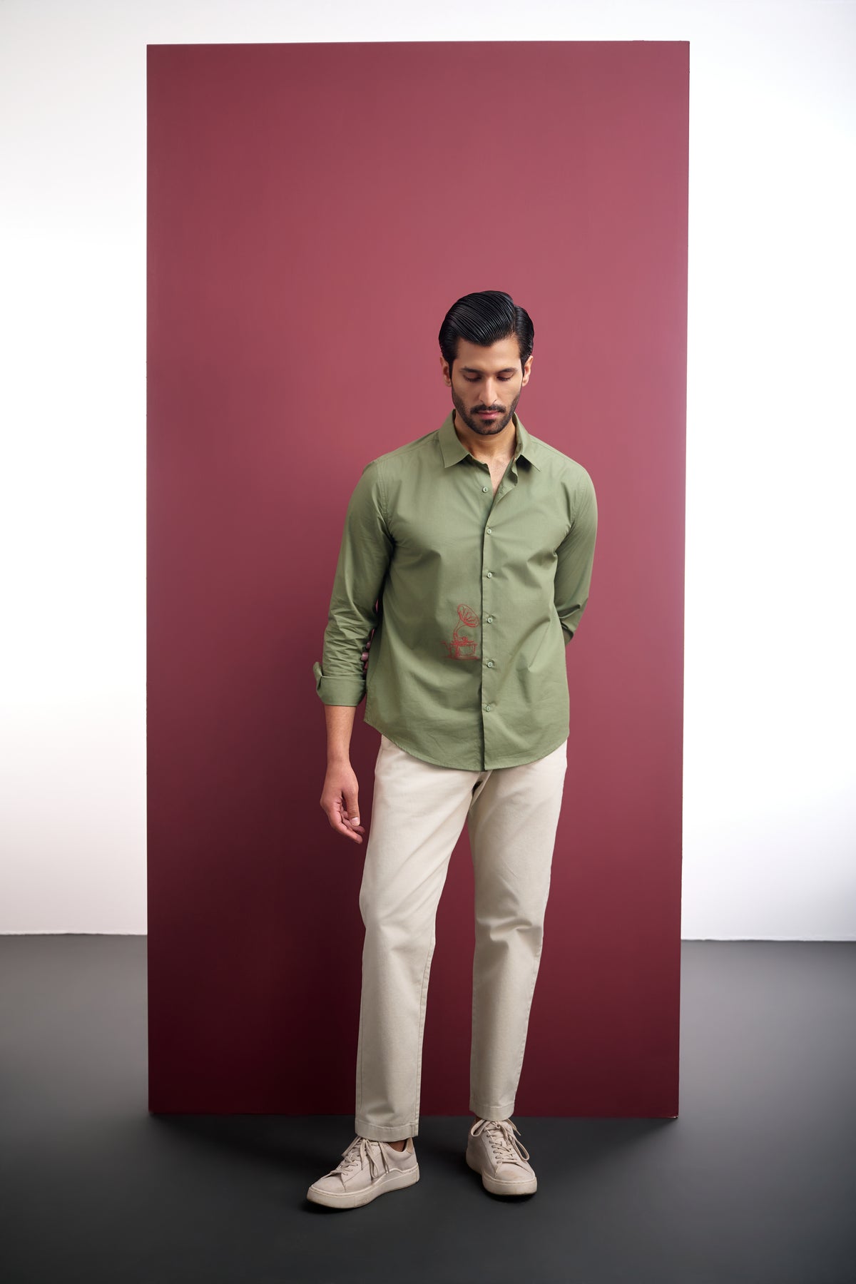 OLIVE COTTON SHIRT WITH HAND EMBROIDERY