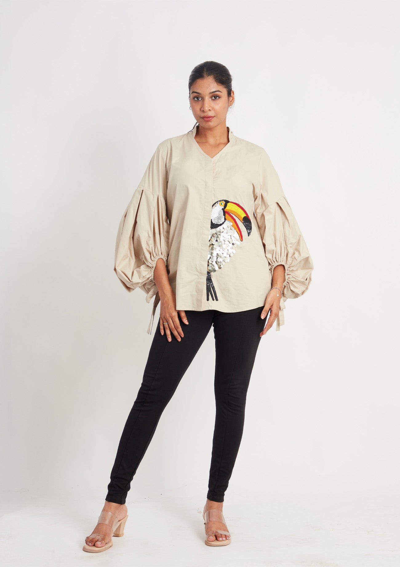 Beige Comfort Fit Cotton Shirt With Balloon Sleeves