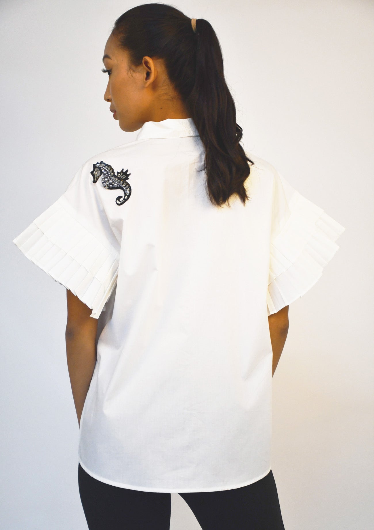 White Shirt with Pleated sleeves and Seahorse Embroidered Motifs