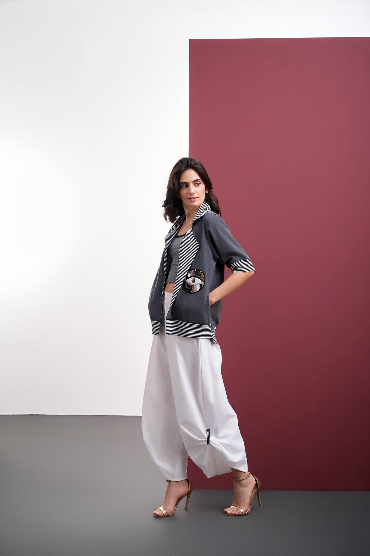GREY DENIM OPEN JACKET WITH SEQUIN EVIL EYE MOTIF