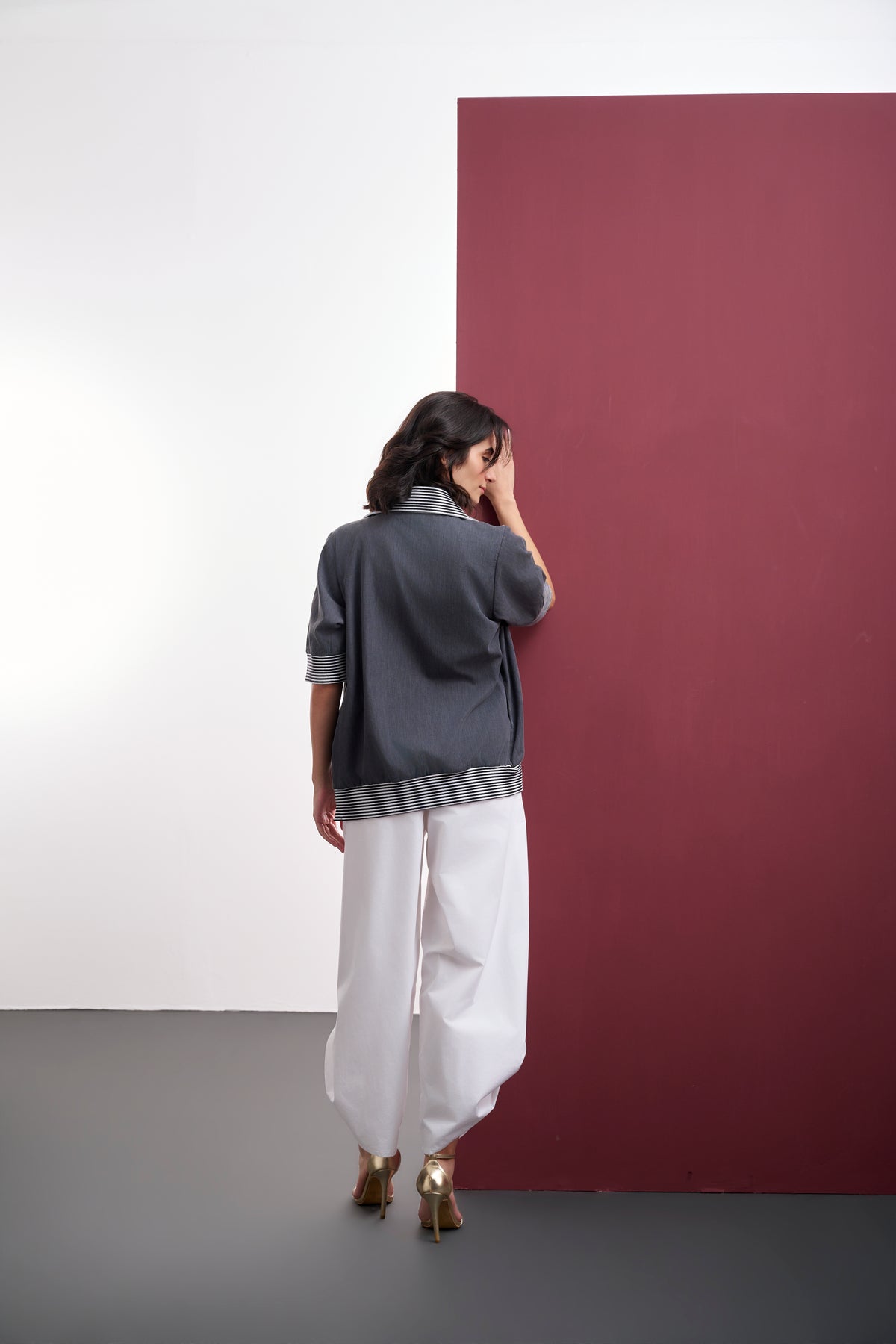 GREY DENIM OPEN JACKET WITH SEQUIN EVIL EYE MOTIF