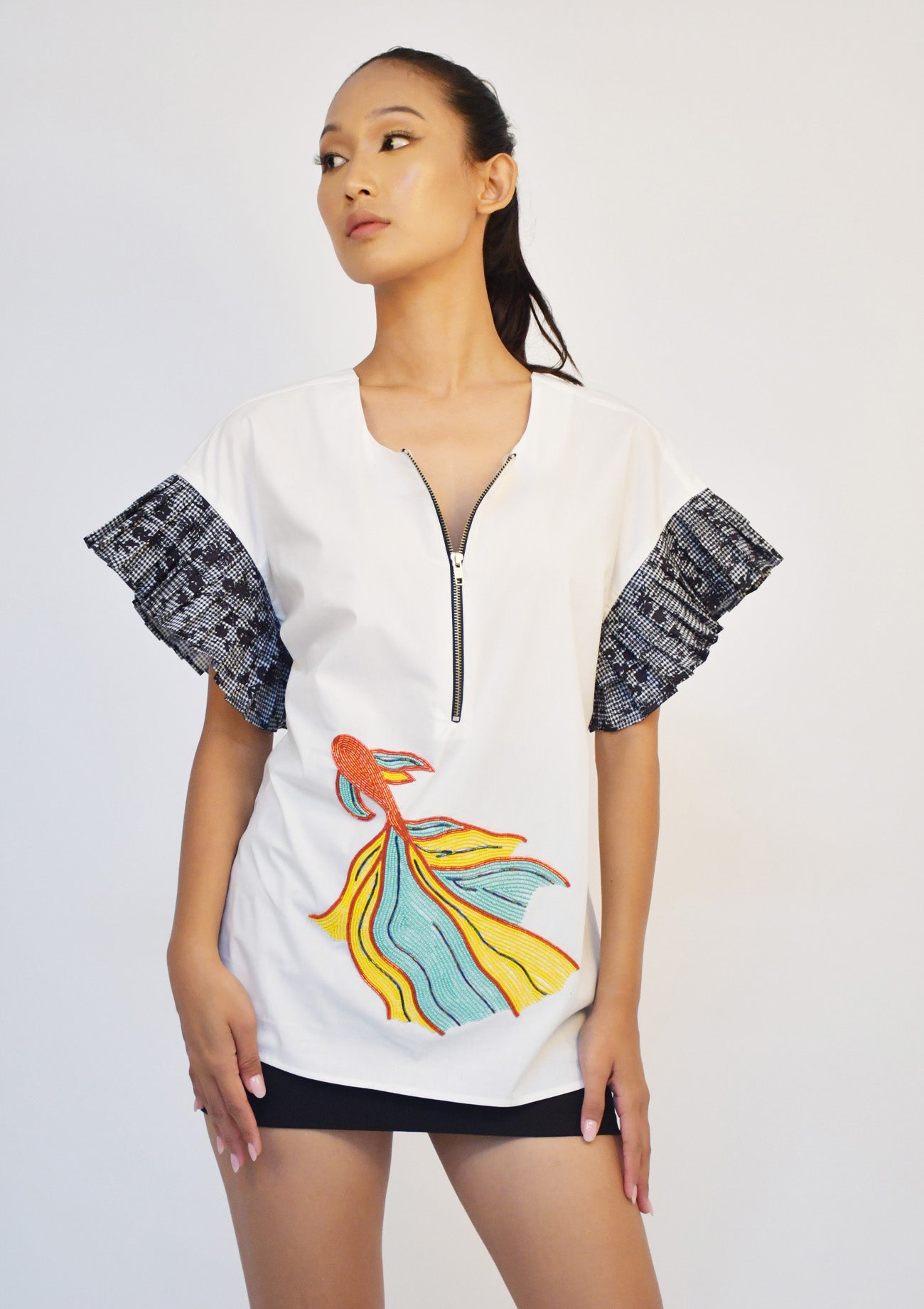 White Top with Pleated sleeves and Embroidery