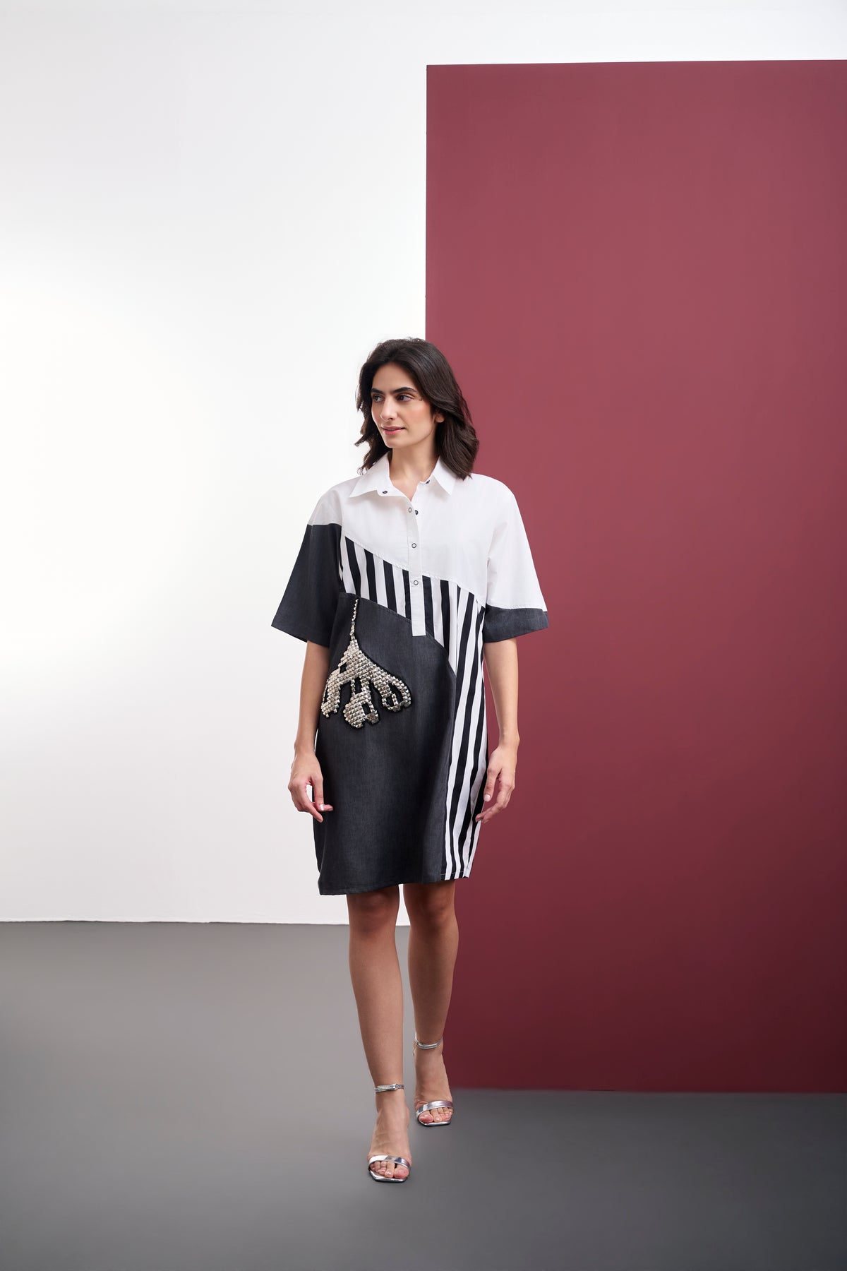 COLORBLOCK DENIM AND COTTON SHIRT DRESS