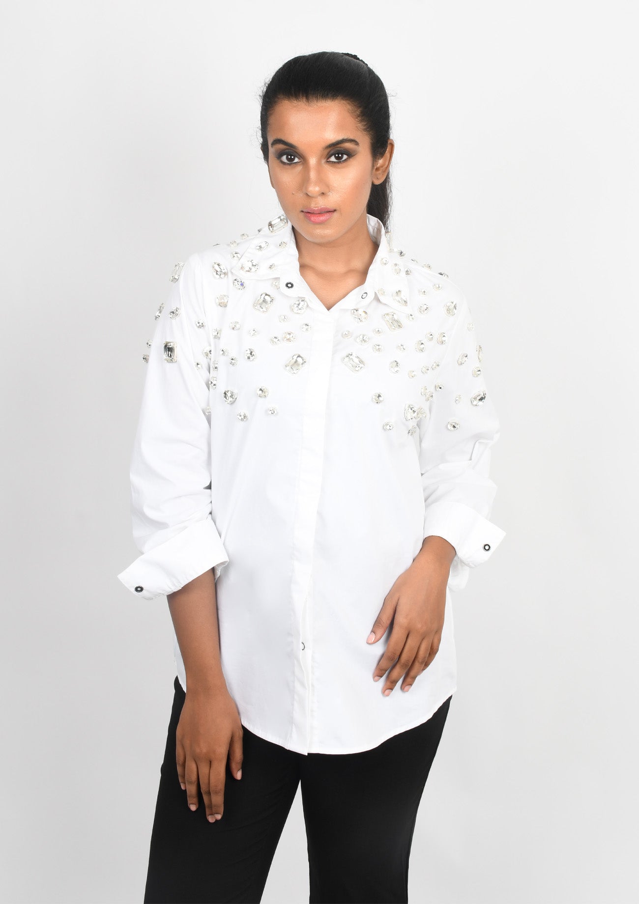 White Shirt with White Crystal Embroidery