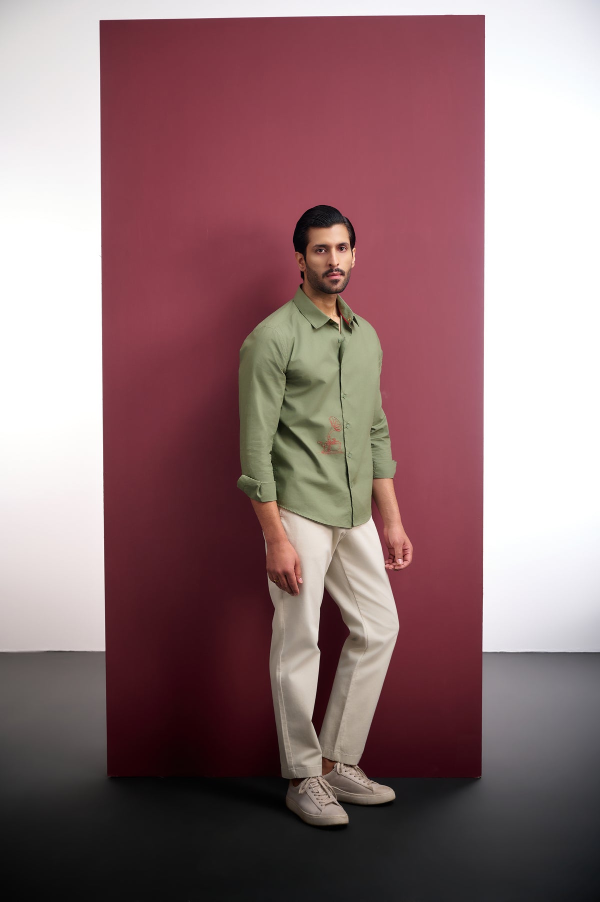 OLIVE COTTON SHIRT WITH HAND EMBROIDERY