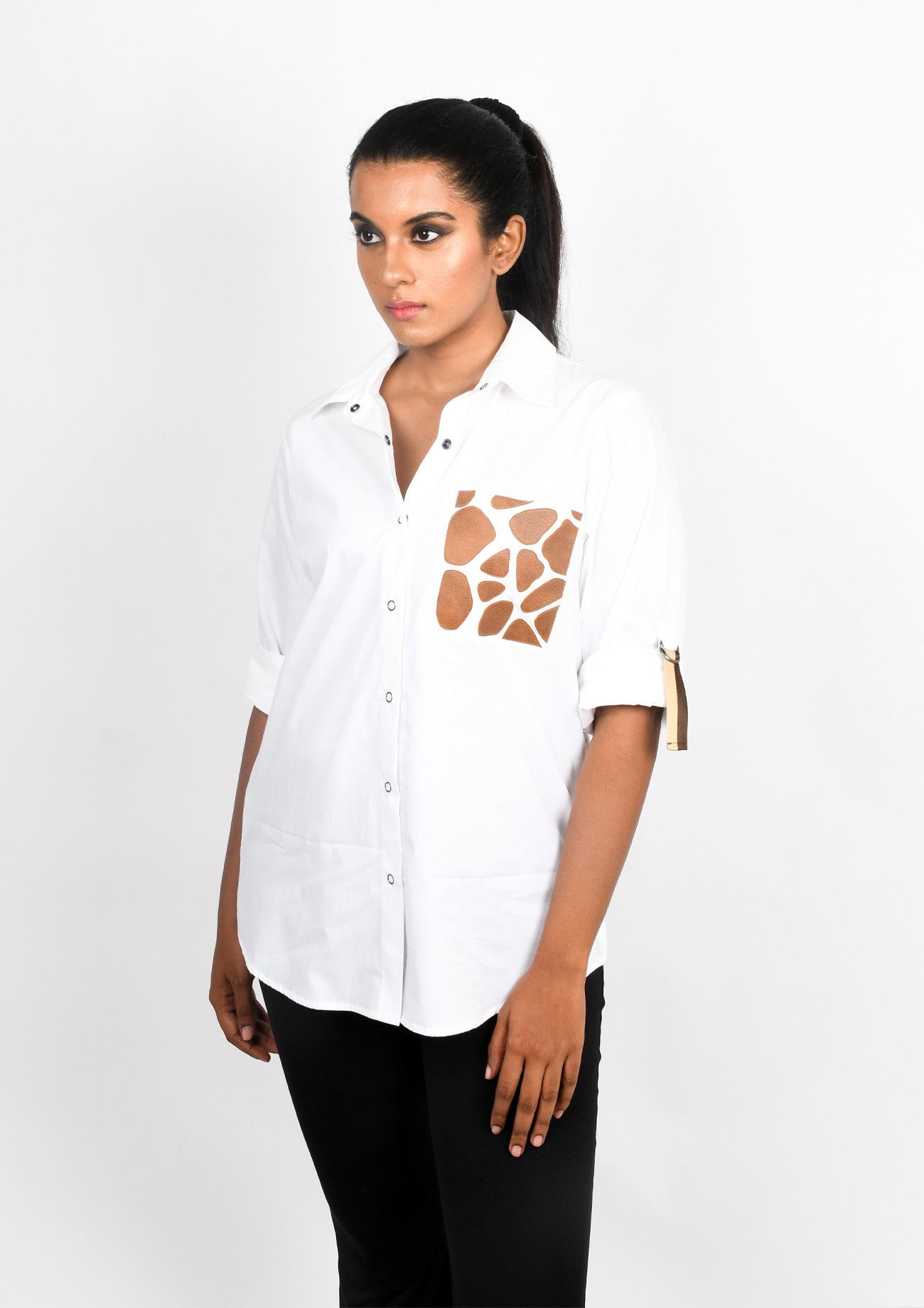 White Shirt with Tan Leather Applique