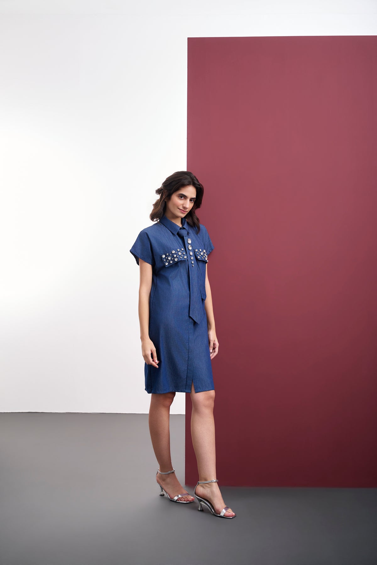 DENIM SHIRT DRESS WITH CRYSTAL POCKET FLAPS