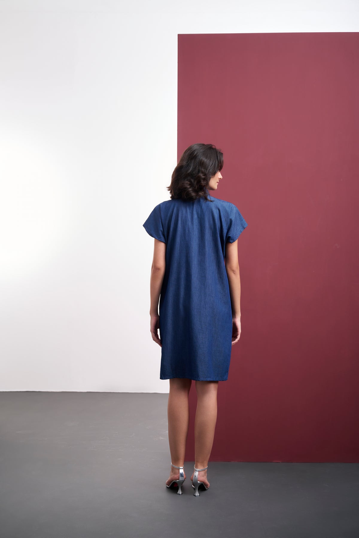 DENIM SHIRT DRESS WITH CRYSTAL POCKET FLAPS