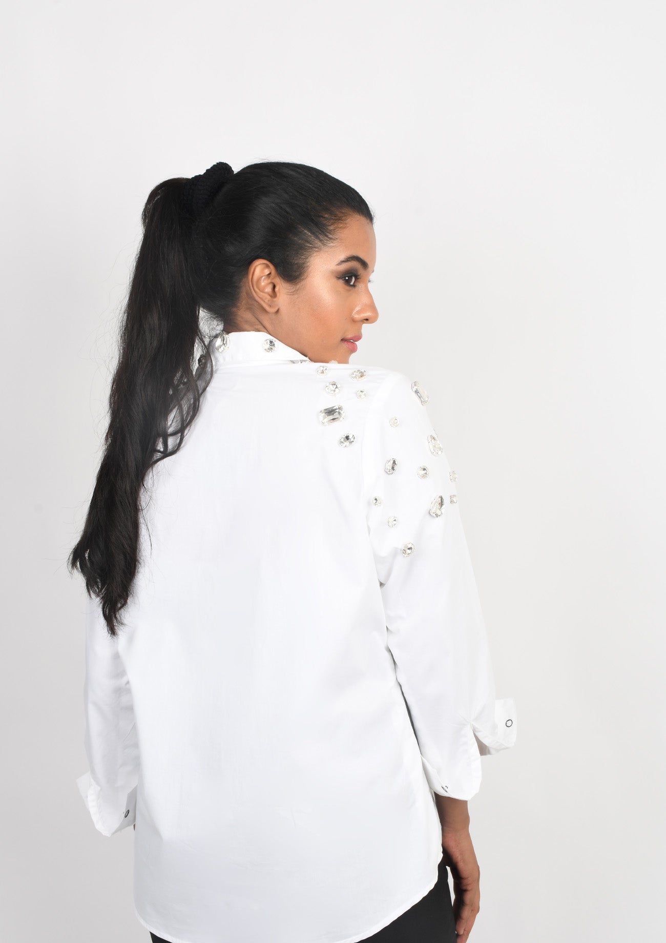 White Shirt with White Crystal Embroidery