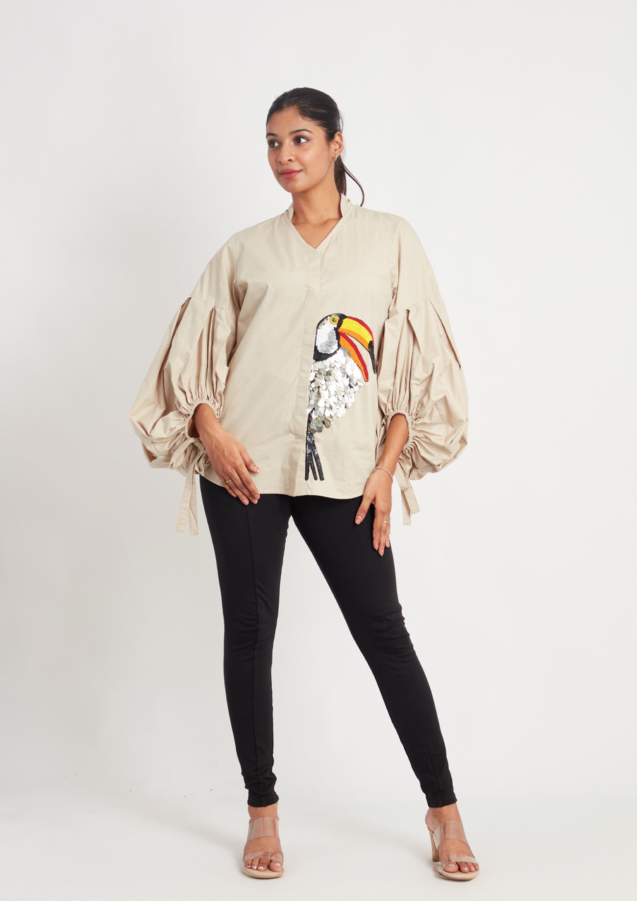 Beige Comfort Fit Cotton Shirt With Balloon Sleeves