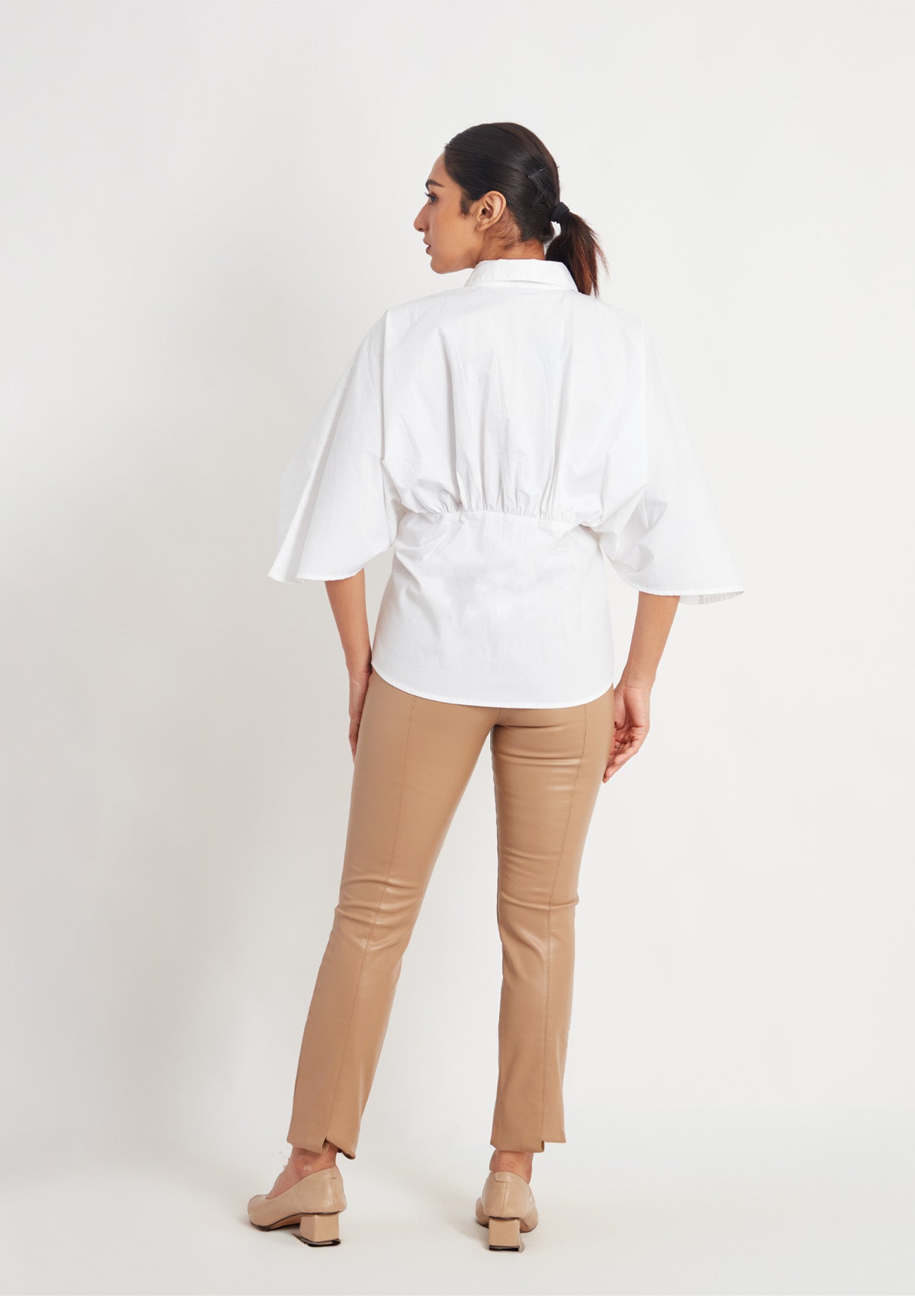 White Comfort Fit Cotton Shirt with Pleated Waist and Embroidery