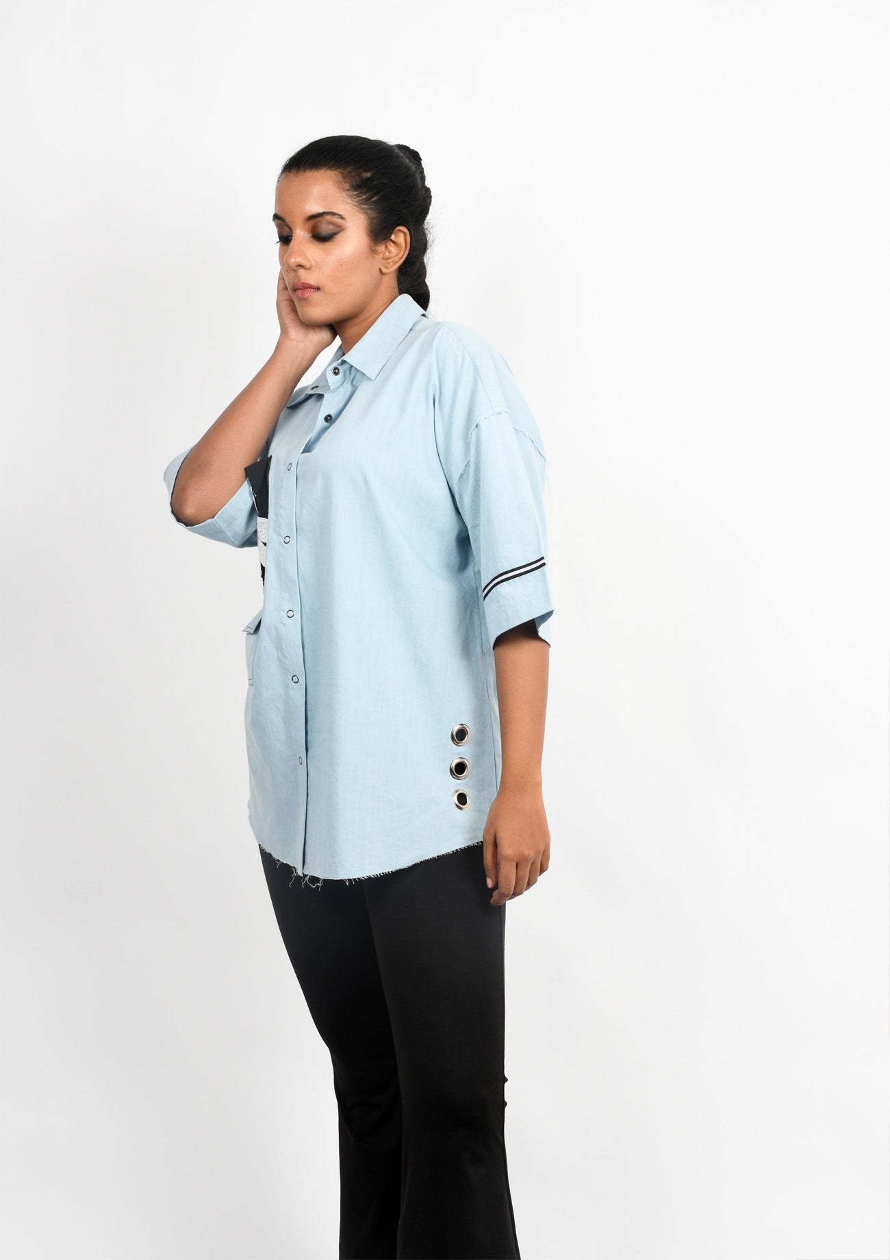 Ice Denim Oversize Shirt with Beaded Embroidery