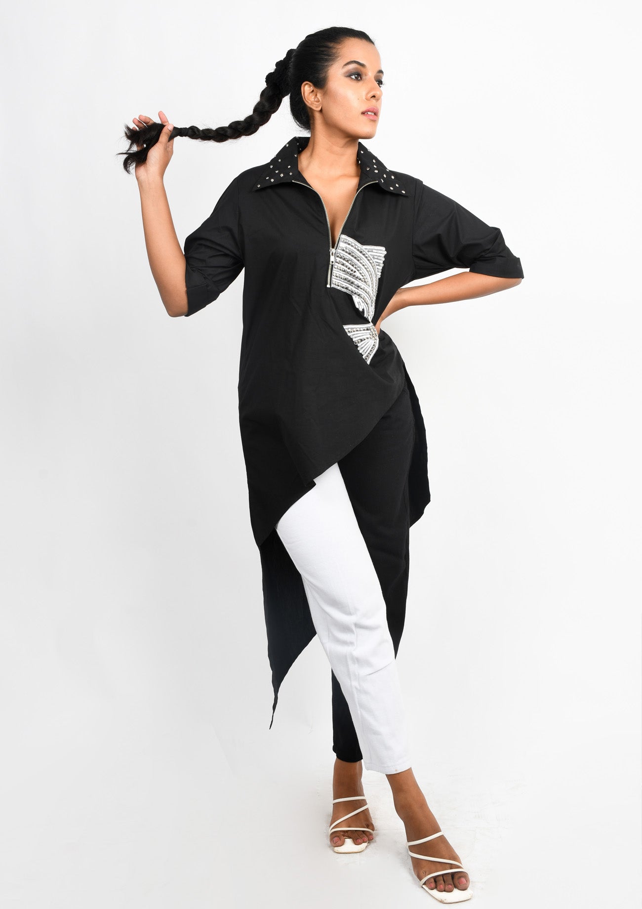 Black Asymmetrical High Low Tunic with Studded Embroidery