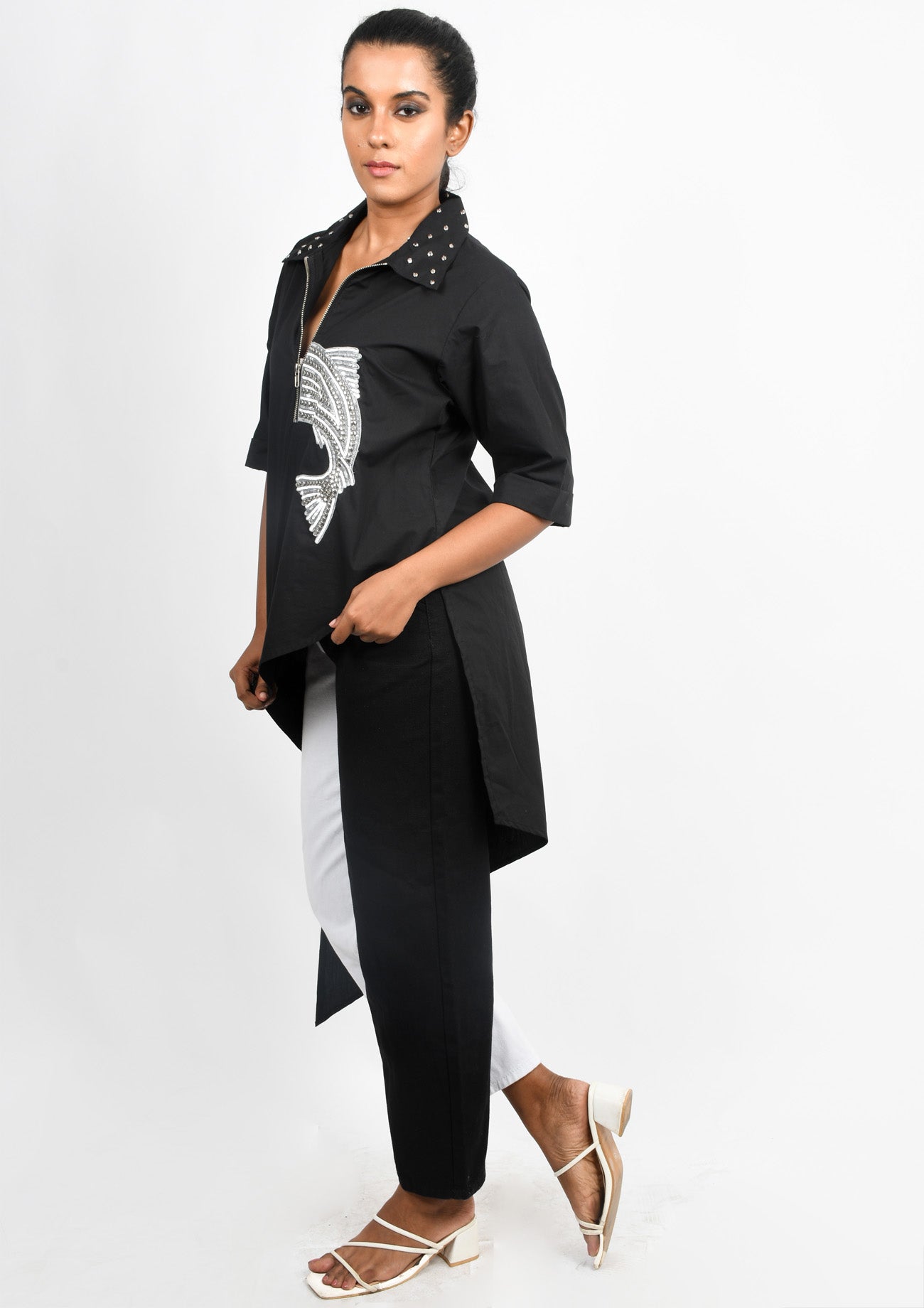 Black Asymmetrical High Low Tunic with Studded Embroidery