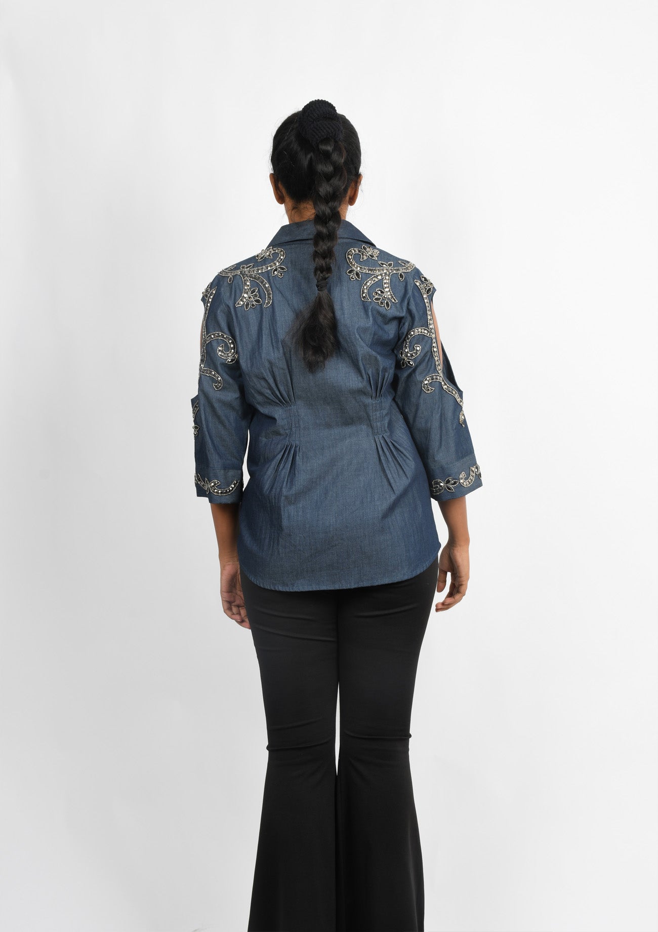 Denim Shirt with Cold Shoulders and Embroidery