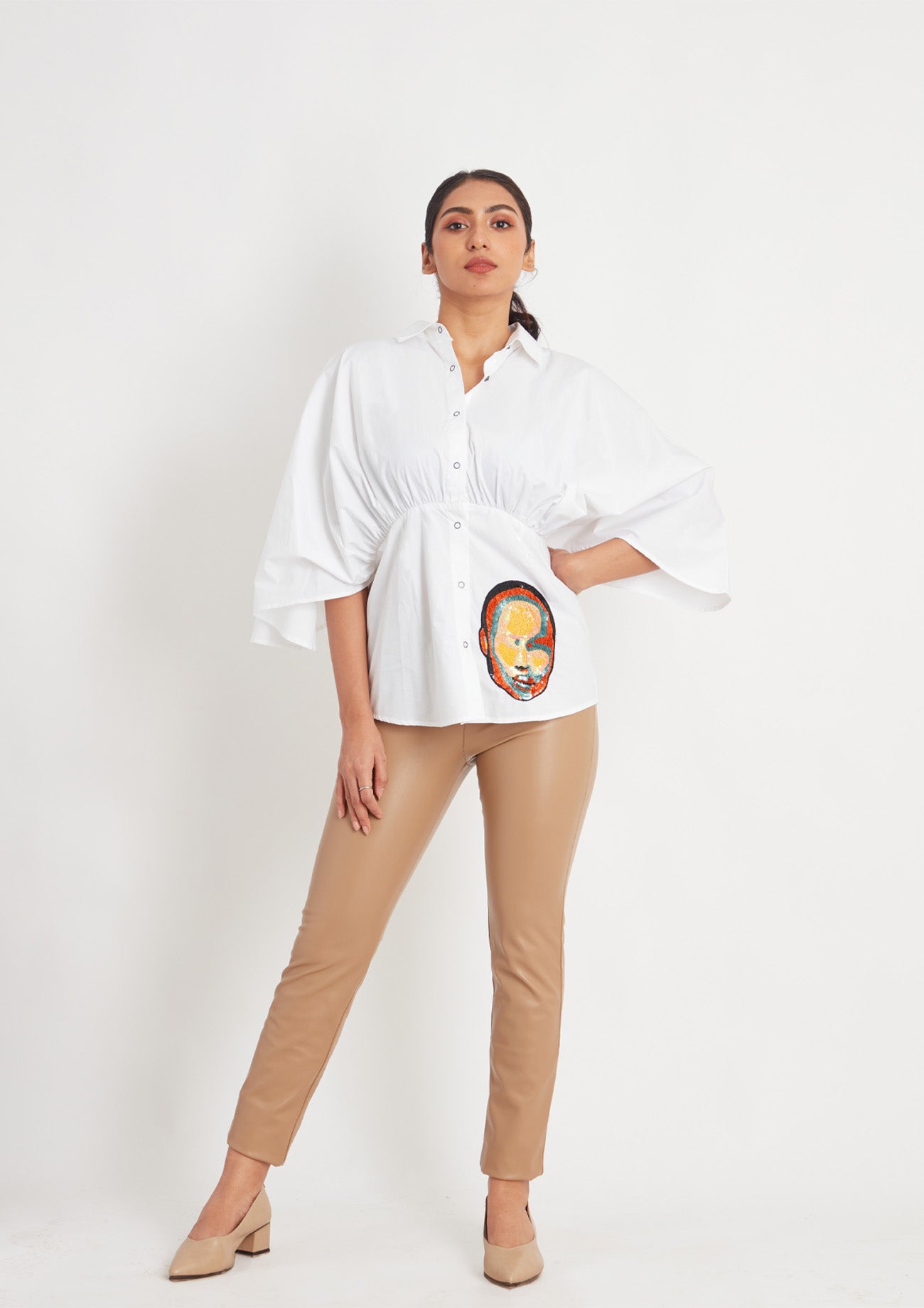 White Comfort Fit Cotton Shirt with Pleated Waist and Embroidery