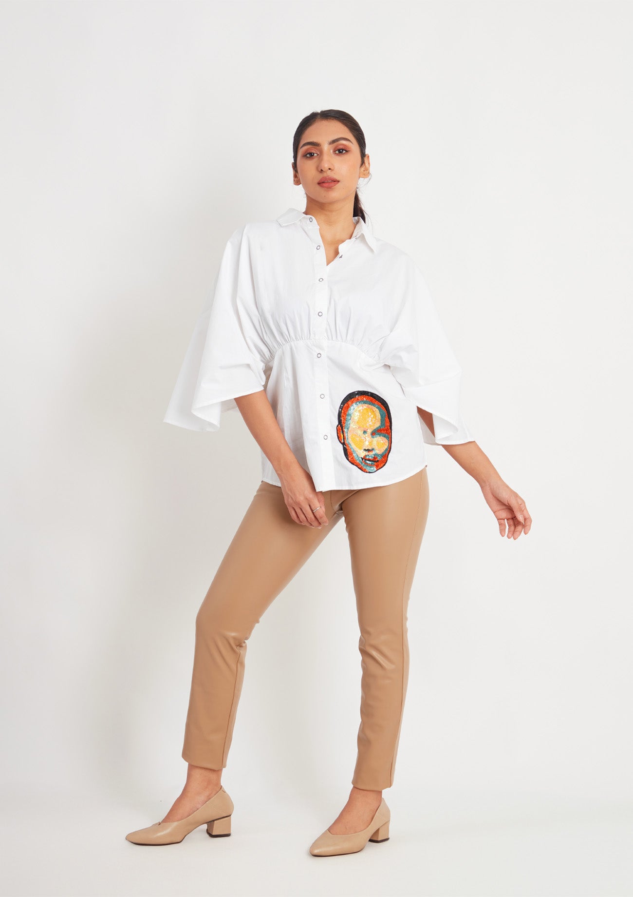 White Comfort Fit Cotton Shirt with Pleated Waist and Embroidery