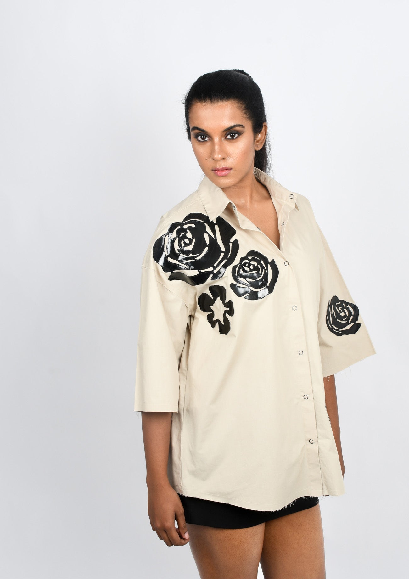 Beige Oversize Cotton Shirt with Black Applique Motifs