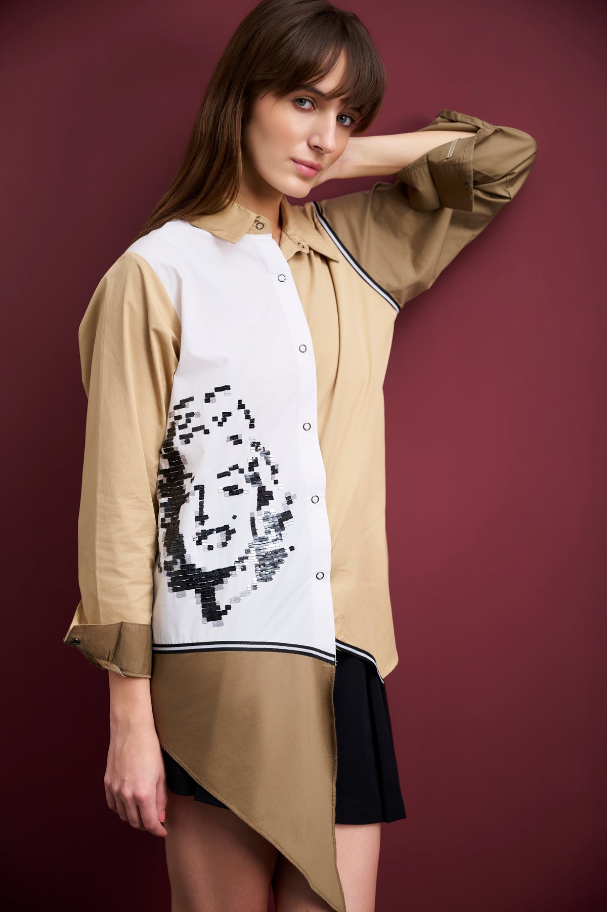 COLORBLOCK COTTON SHIRT WITH SEQUIN MARILYN MONROE EMBROIDERY