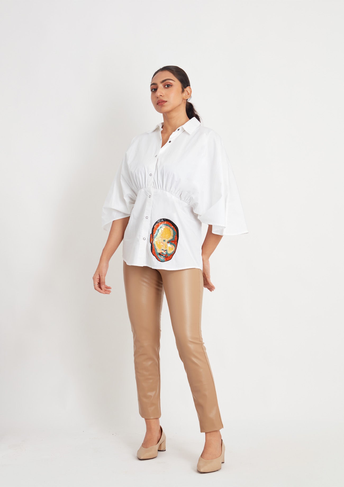 White Comfort Fit Cotton Shirt with Pleated Waist and Embroidery