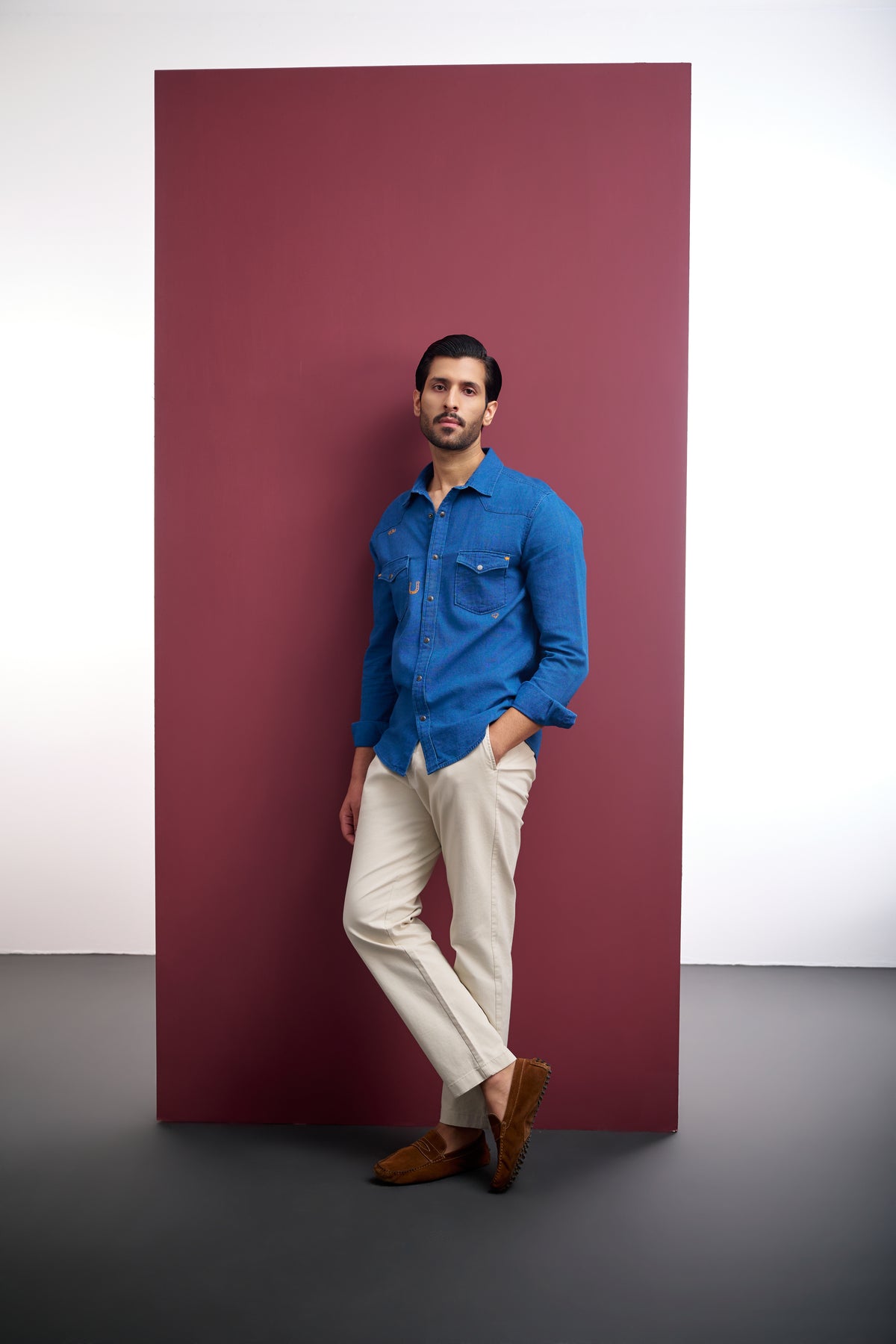 WASHED OXFORD DENIM SHIRT WITH HAND EMBROIDERY