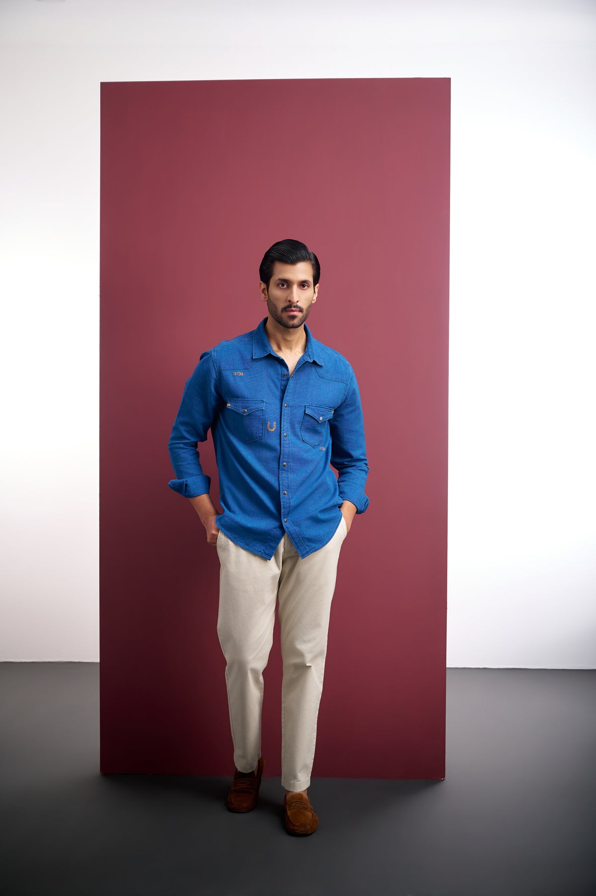 WASHED OXFORD DENIM SHIRT WITH HAND EMBROIDERY