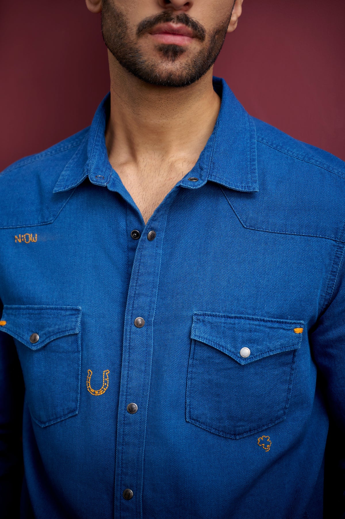 WASHED OXFORD DENIM SHIRT WITH HAND EMBROIDERY