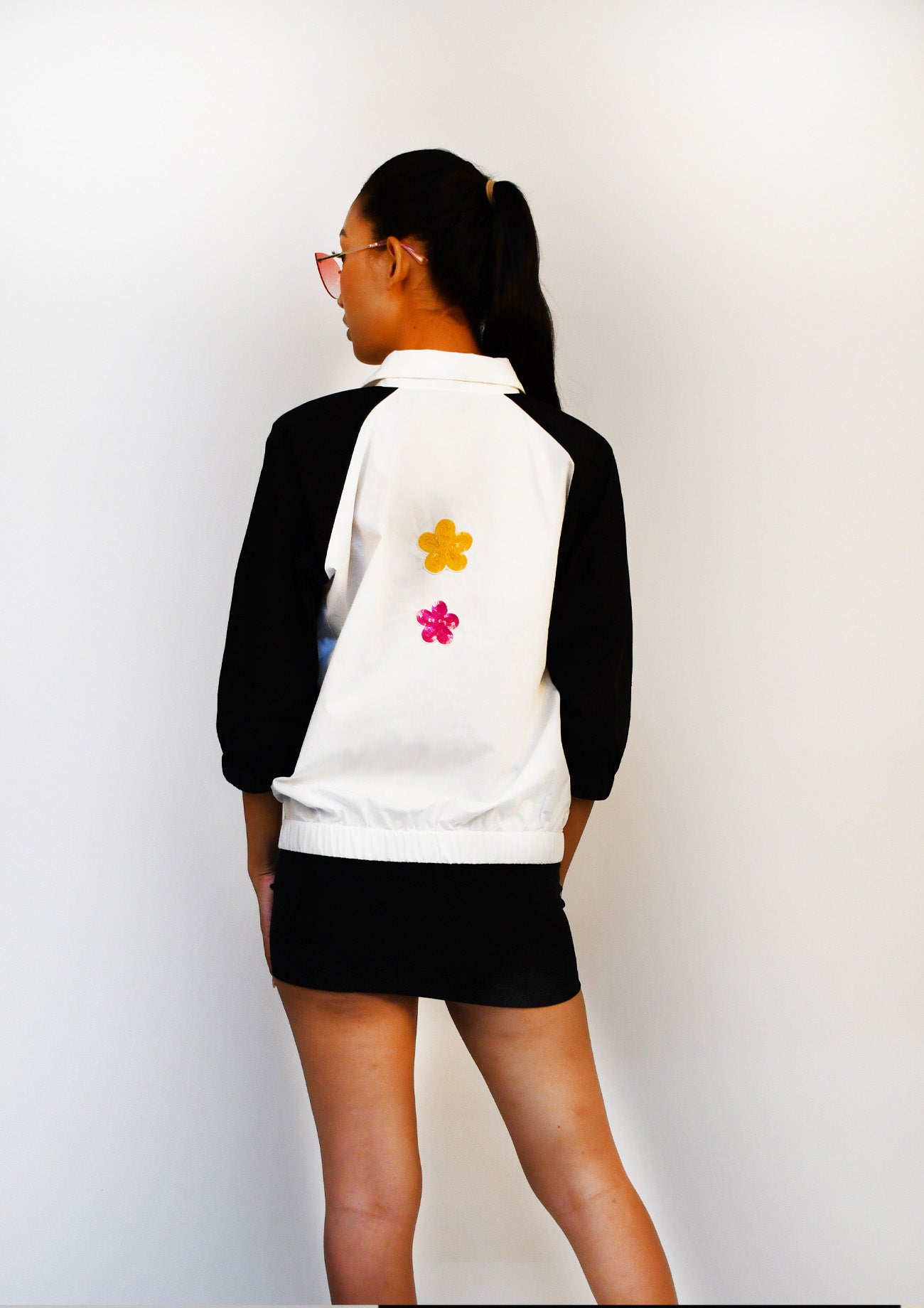 White bomber with contrast Sleeves and Embroidery