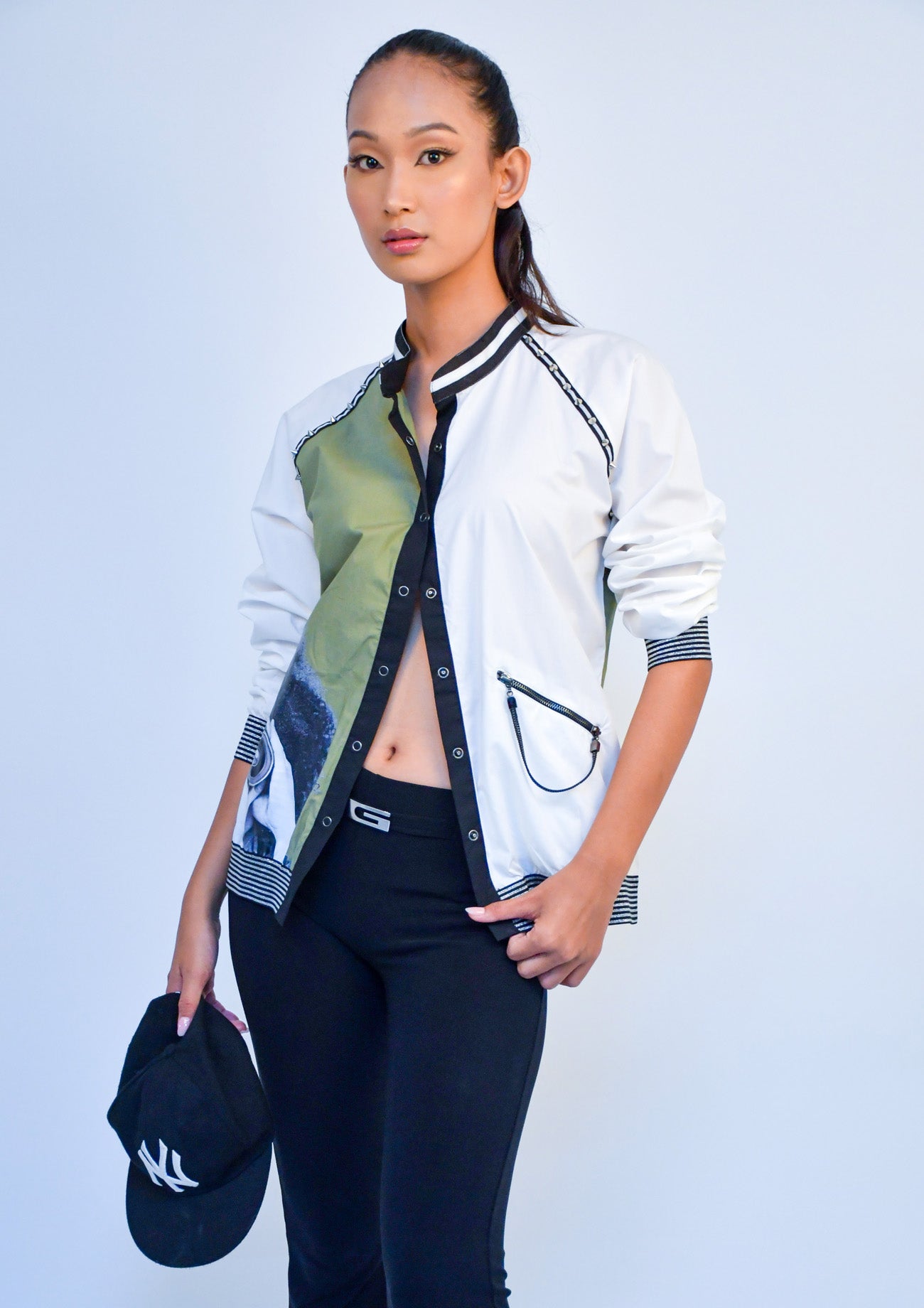 Olive, White & Black Cotton Bomber Top