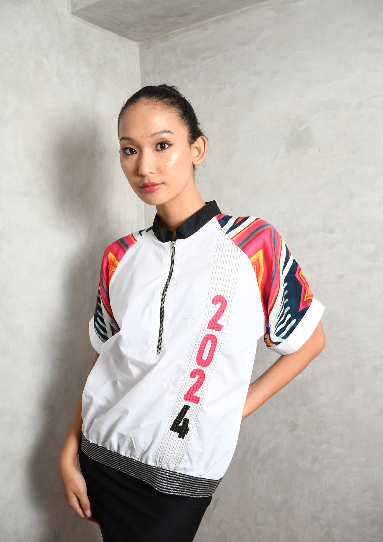 White Bomber Top with Abstract Sleeves